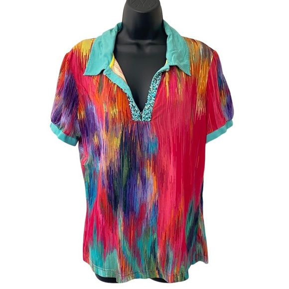 Escada Tops - Escada Sport Vibrant Multi-Color turquoise Embellished Short Sleeved Top Large
